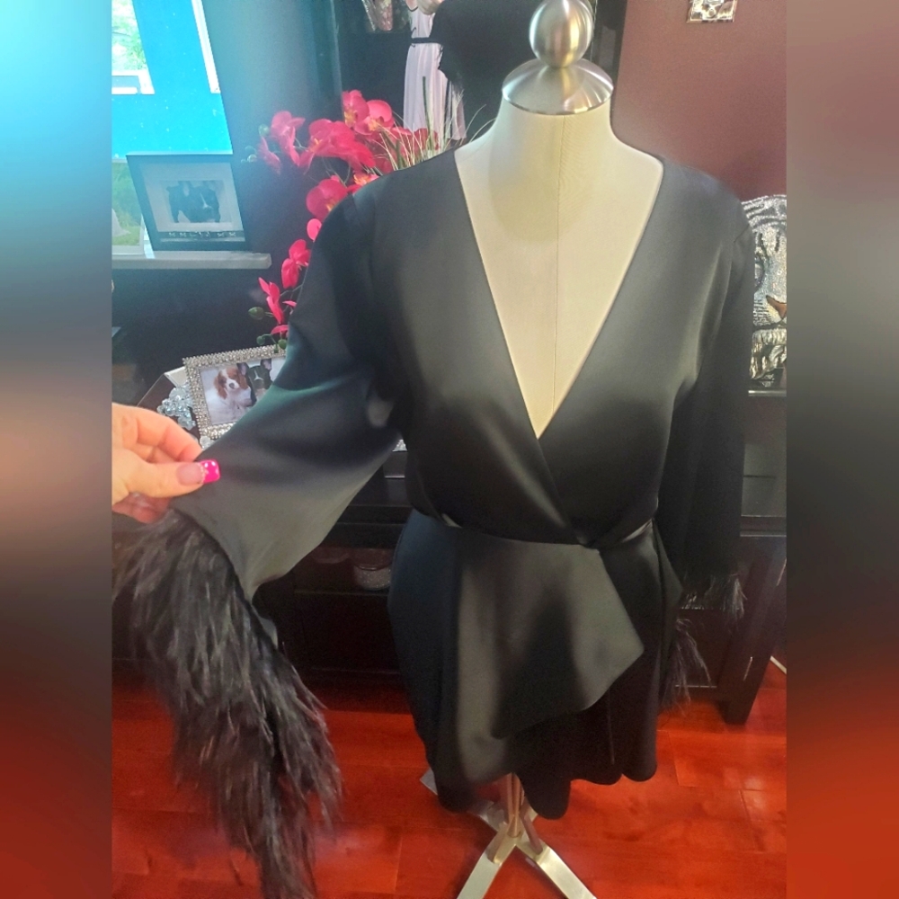 Wayf Black Dress Feather Trim Wrap Mini Dress Size Large